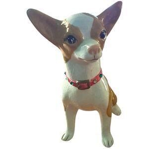 Chihuahua ceramic 8 inches tall Art Piece with red collar. Glossy finish.